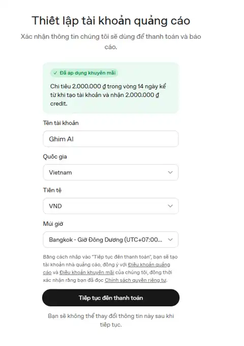 OpenAI Ads Manager thiết lập tài khoản Ghim AI với quốc gia Vietnam, tiền tệ VND và ưu đãi 2 triệu đồng